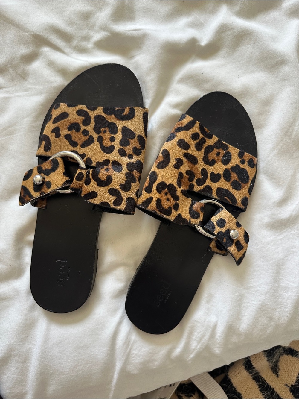 Leopard Print Slide Sandals with Silver Ring Accent - Women
